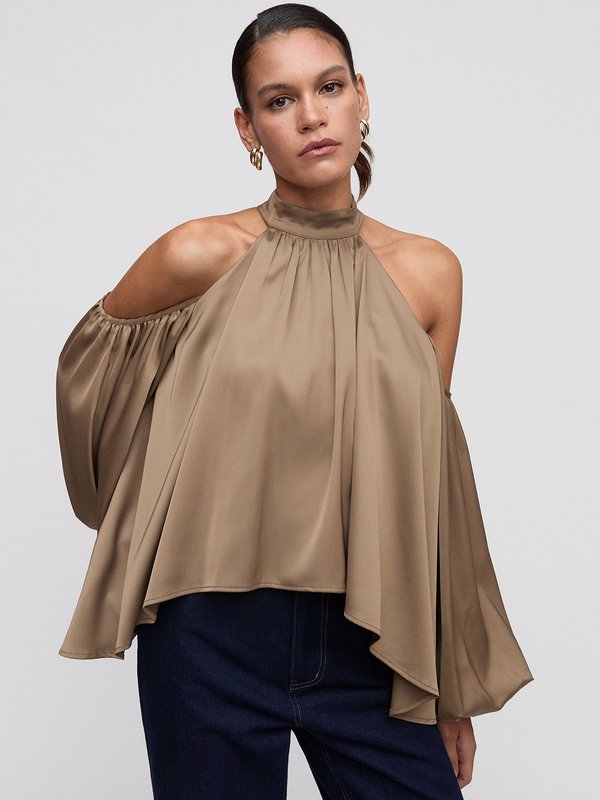 Pomelo VERSE Draped Lantern Sleeve Halter Top - Brown