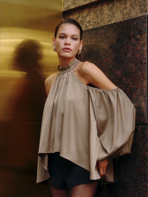 pomelo VERSE Draped Lantern Sleeve Halter Top - Brown