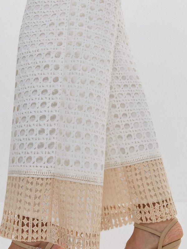 Pomelo VERSE Embellished Laser Cut Contrast Hem Straight Pants - White Cream