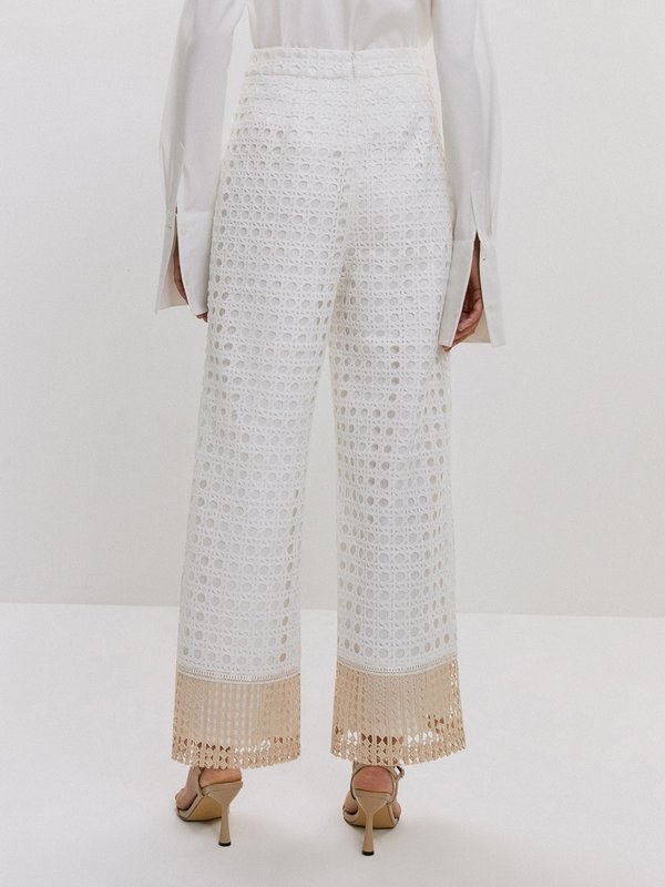 Pomelo VERSE Embellished Laser Cut Contrast Hem Straight Pants - White Cream