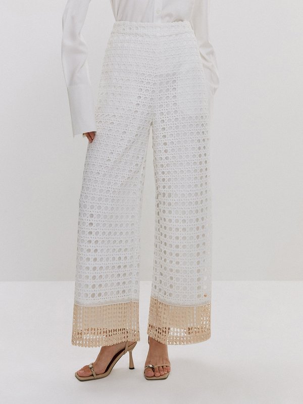 pomelo VERSE Embellished Laser Cut Contrast Hem Straight Pants - White Cream