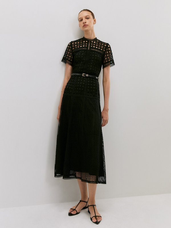 Pomelo VERSE Embellished Laser Cut Double-Layered Midi Skirt - Black