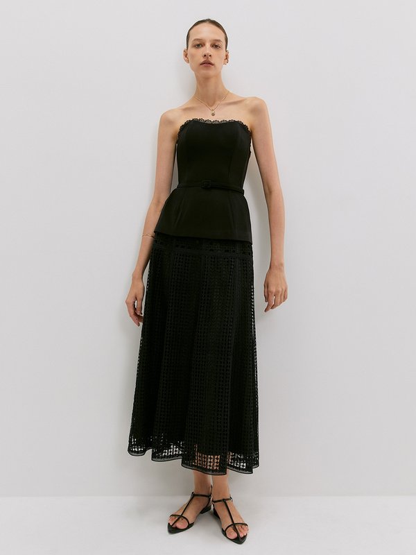 Pomelo VERSE Embellished Laser Cut Double-Layered Midi Skirt - Black