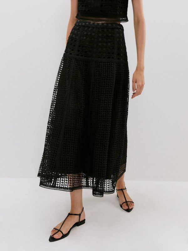 pomelo VERSE Embellished Laser Cut Double-Layered Midi Skirt - Black