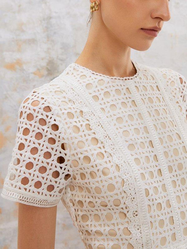 Pomelo VERSE Embellished Laser Cut Midi Dress - White