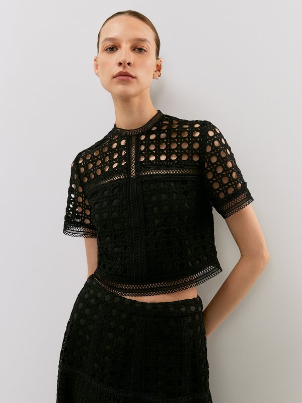 Pomelo VERSE Embellished Laser Cut Short Sleeve Blouse - Black