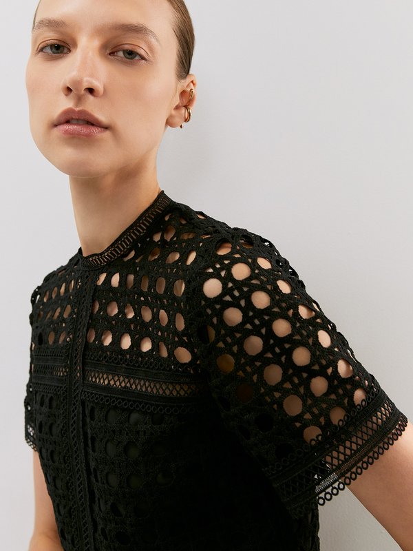 Pomelo VERSE Embellished Laser Cut Short Sleeve Blouse - Black