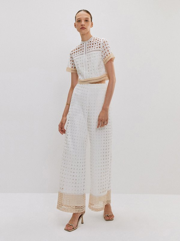 Pomelo VERSE Embellished Laser Cut Short Sleeve Blouse - White Cream