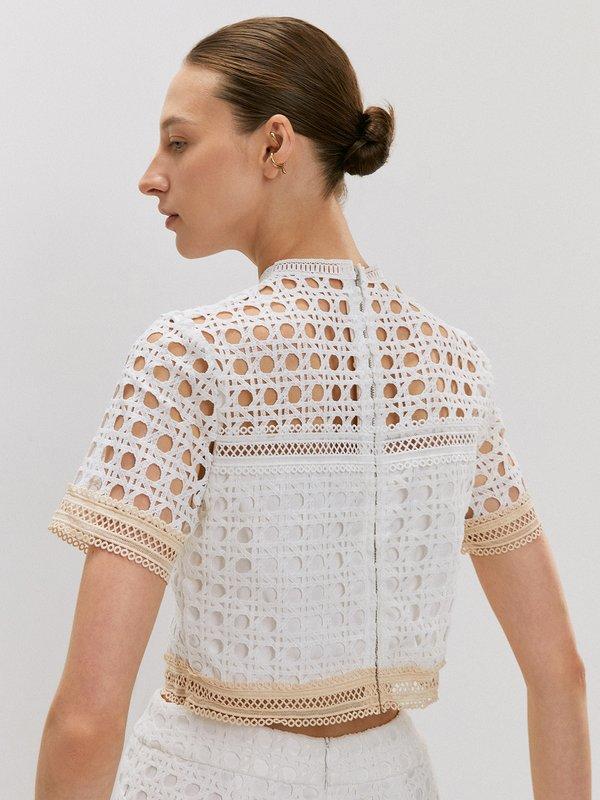 Pomelo VERSE Embellished Laser Cut Short Sleeve Blouse - White Cream