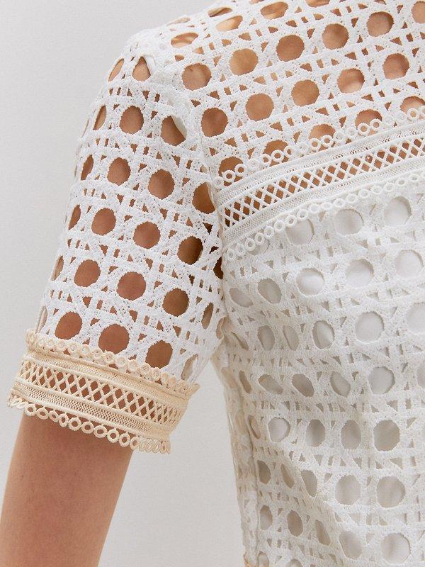 Pomelo VERSE Embellished Laser Cut Short Sleeve Blouse - White Cream