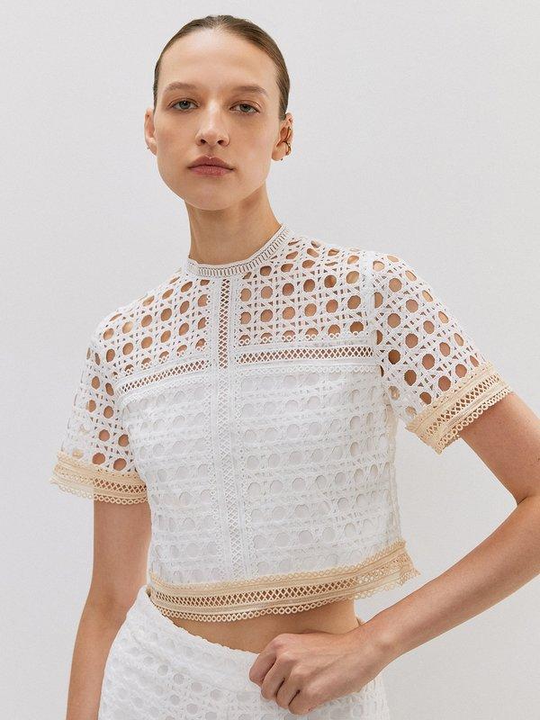 pomelo VERSE Embellished Laser Cut Short Sleeve Blouse - White Cream