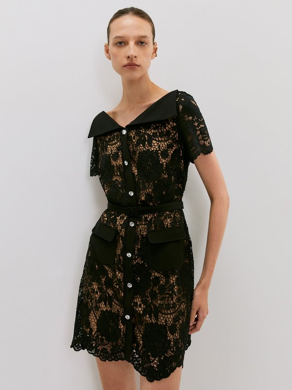 Pomelo VERSE Floral Lace Collared Button Mini Dress - Black