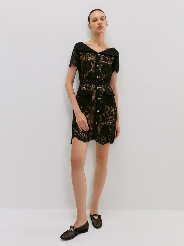 Pomelo VERSE Floral Lace Collared Button Mini Dress - Black