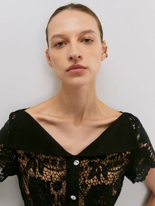 pomelo VERSE Floral Lace Collared Button Mini Dress - Black