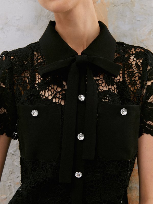 Pomelo VERSE Floral Lace Short Sleeve Button Shirt - Black