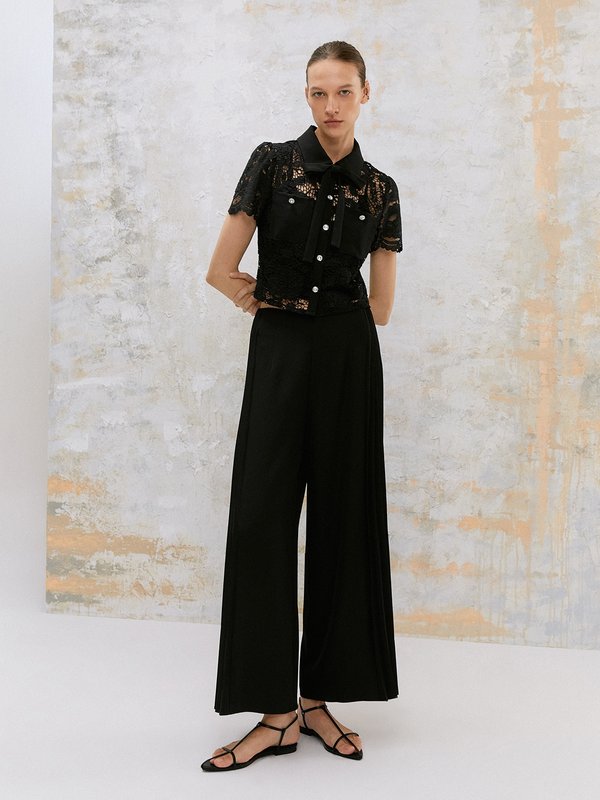 Pomelo VERSE Floral Lace Short Sleeve Button Shirt - Black