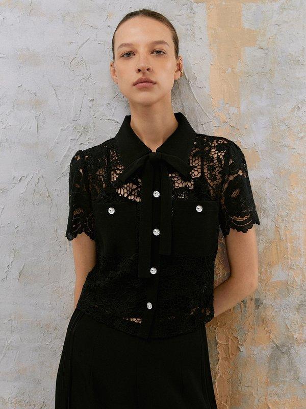 Pomelo VERSE Floral Lace Short Sleeve Button Shirt - Black