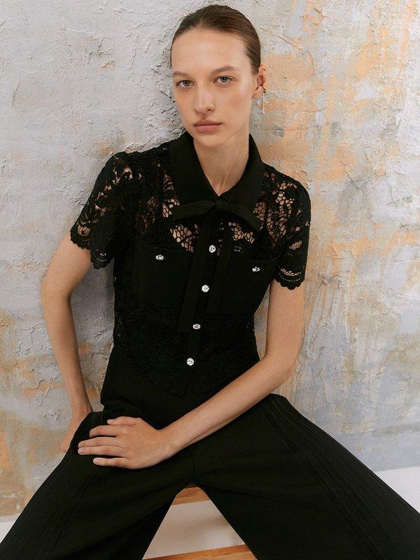 pomelo VERSE Floral Lace Short Sleeve Button Shirt - Black