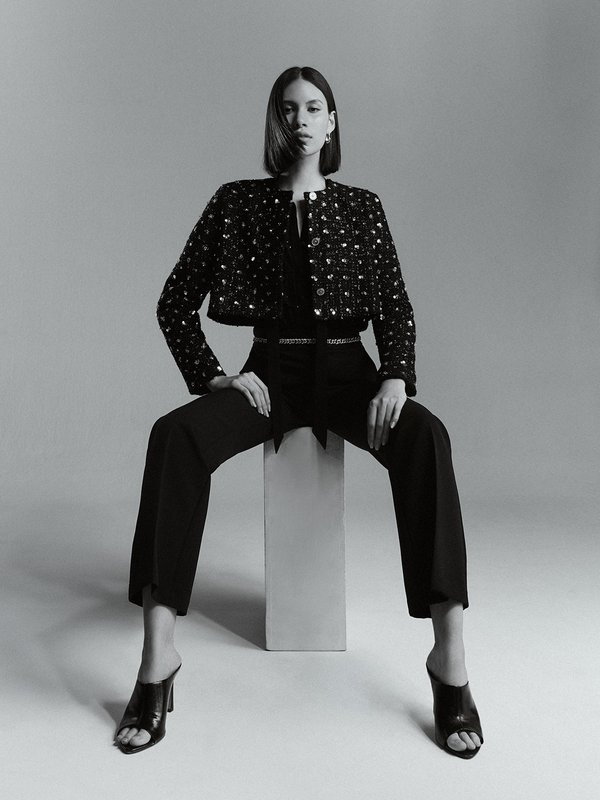 Pomelo VERSE Floral Sequin Embellished Cropped Tweed Jacket - Black