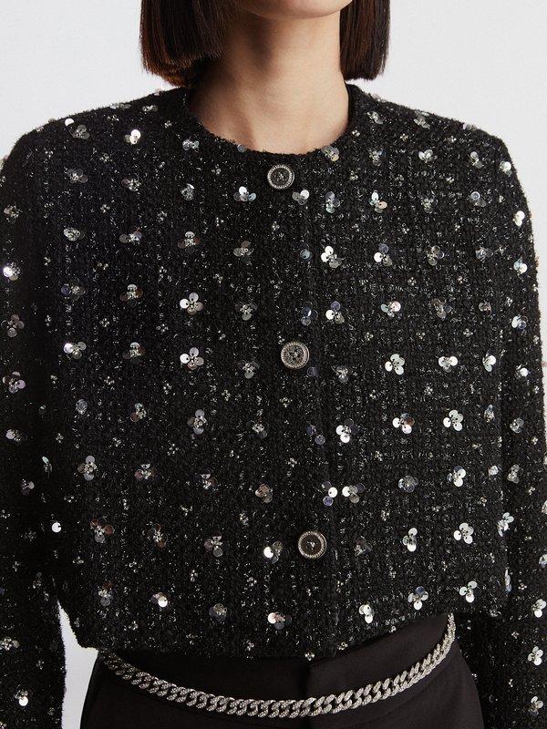 Pomelo VERSE Floral Sequin Embellished Cropped Tweed Jacket - Black
