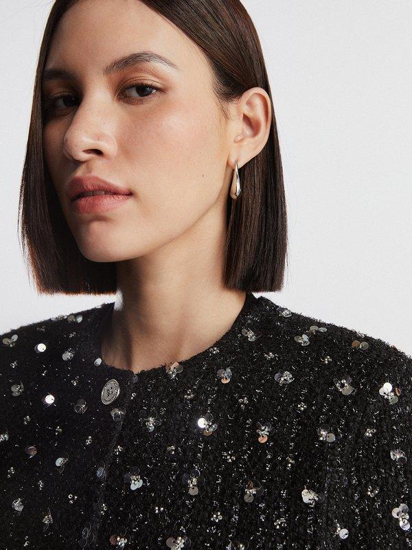 Pomelo VERSE Floral Sequin Embellished Cropped Tweed Jacket - Black