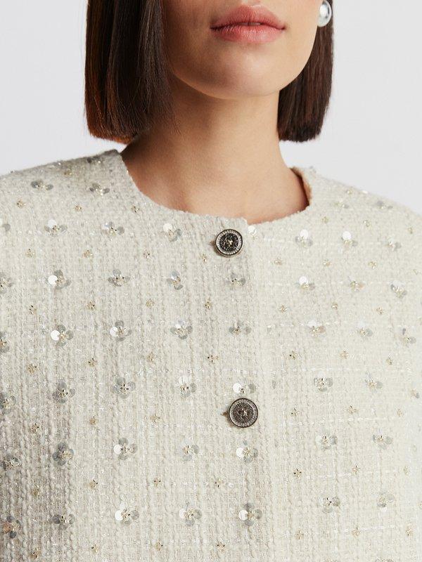Pomelo VERSE Floral Sequin Embellished Cropped Tweed Jacket - Cream