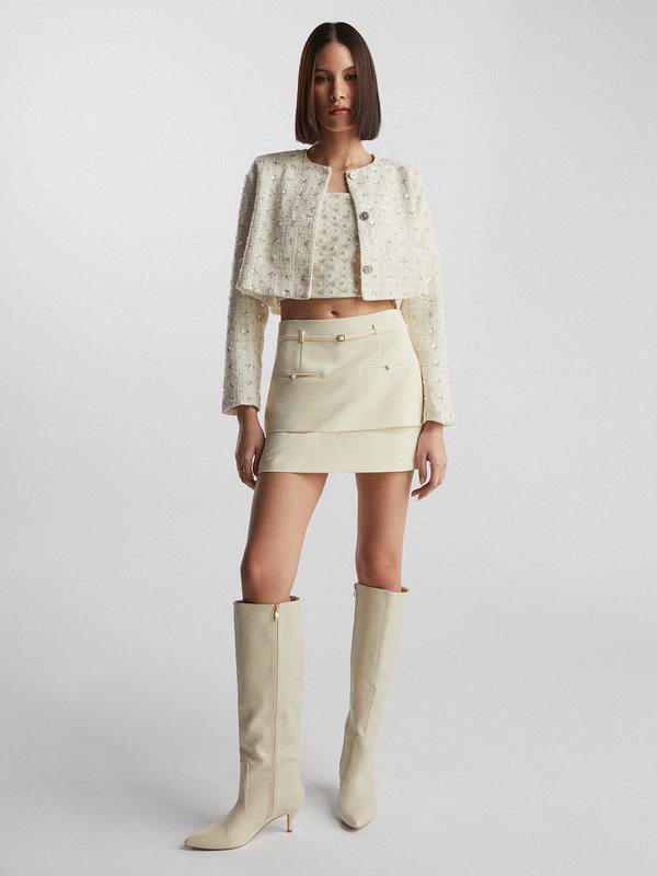Pomelo VERSE Floral Sequin Embellished Cropped Tweed Jacket - Cream