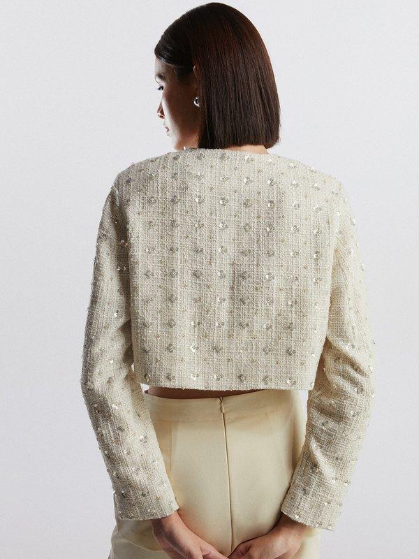 Pomelo VERSE Floral Sequin Embellished Cropped Tweed Jacket - Cream