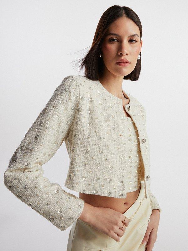 pomelo VERSE Floral Sequin Embellished Cropped Tweed Jacket - Cream