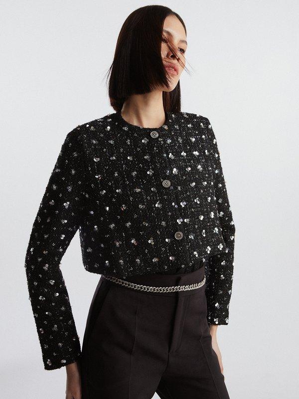 pomelo VERSE Floral Sequin Embellished Cropped Tweed Jacket - Black