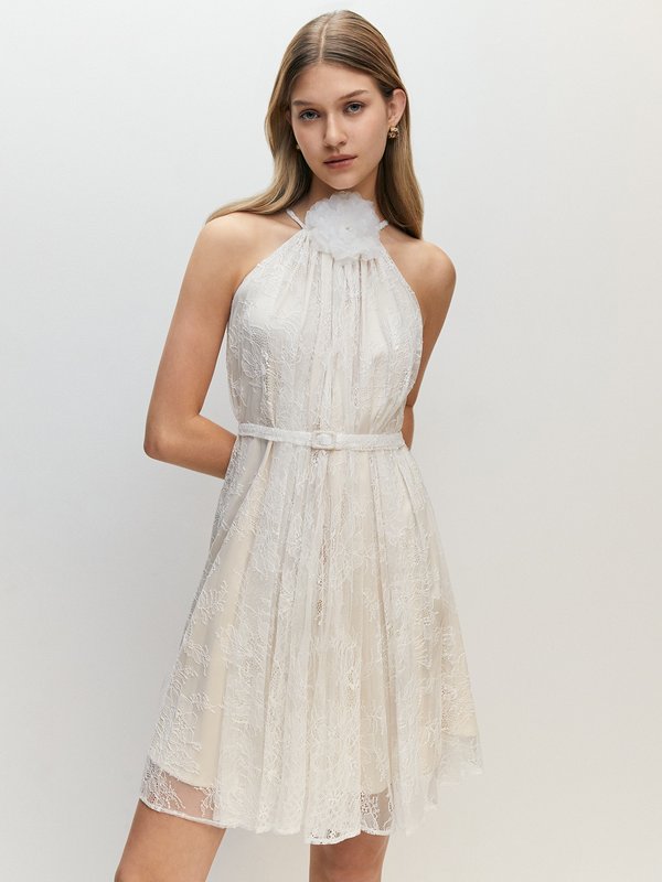 pomelo VERSE Flower Motif Lace Halter Mini Dress - White