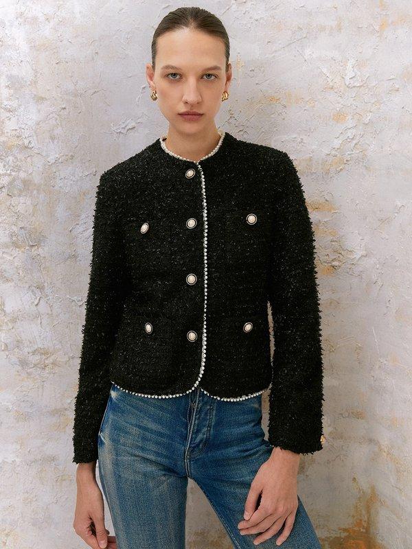 Pomelo VERSE Pearl Beaded Contrast Trim Tweed Jacket - Black