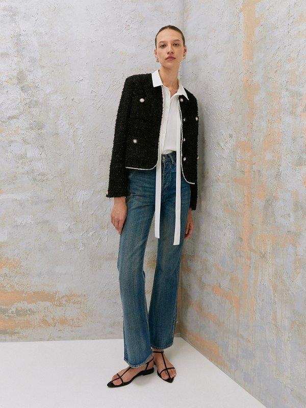 Pomelo VERSE Pearl Beaded Contrast Trim Tweed Jacket - Black