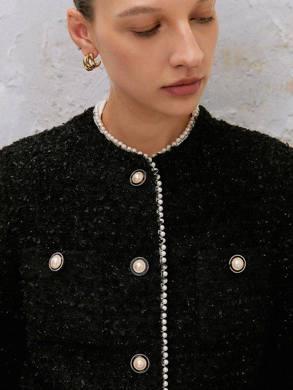 Pomelo VERSE Pearl Beaded Contrast Trim Tweed Jacket - Black