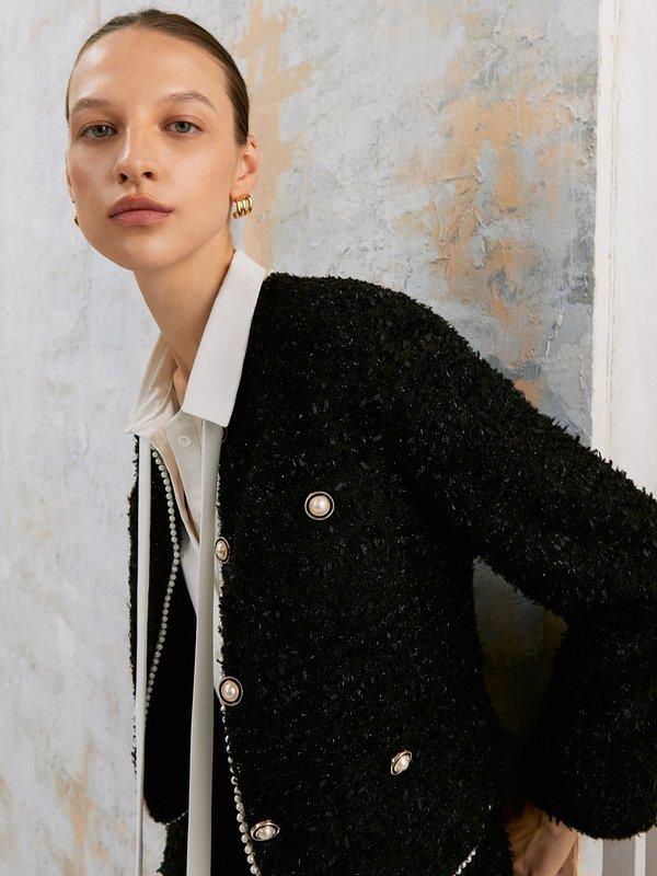 pomelo VERSE Pearl Beaded Contrast Trim Tweed Jacket - Black