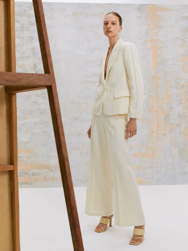 Pomelo VERSE Pearl Beaded Trim Detail Tweed Pants - Cream