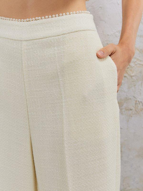 Pomelo VERSE Pearl Beaded Trim Detail Tweed Pants - Cream