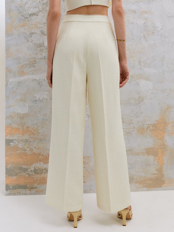 Pomelo VERSE Pearl Beaded Trim Detail Tweed Pants - Cream
