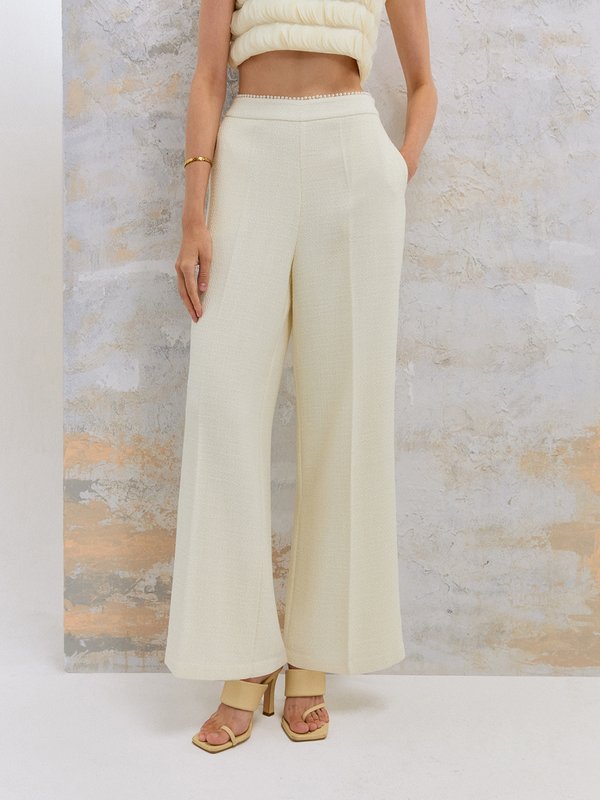 pomelo VERSE Pearl Beaded Trim Detail Tweed Pants - Cream