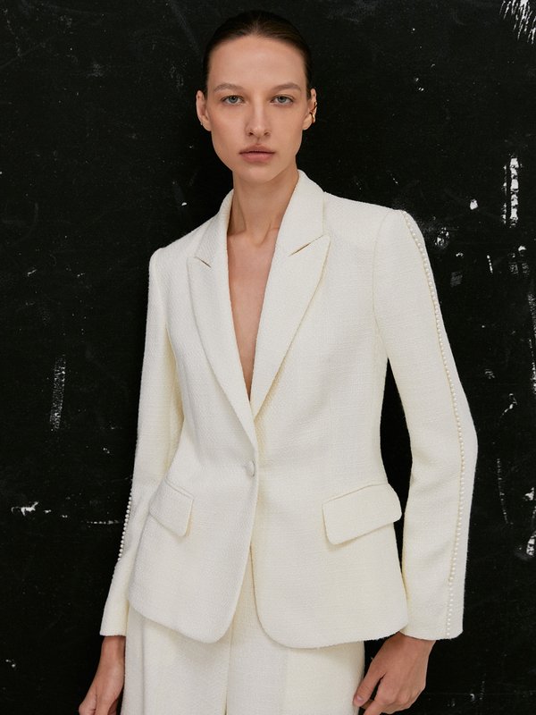 Pomelo VERSE Pearl Embellished Detail Tweed Blazer - Cream