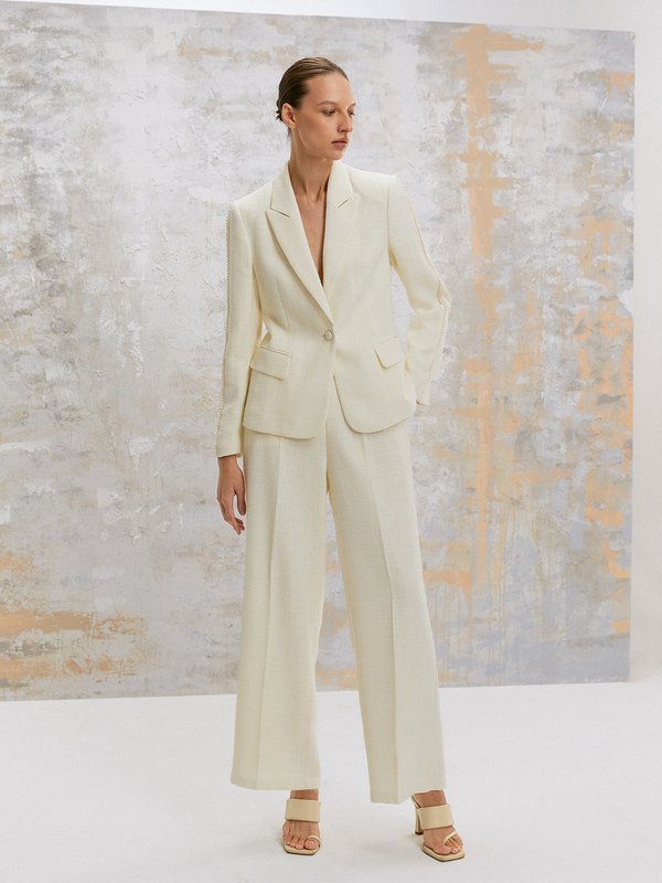 Pomelo VERSE Pearl Embellished Detail Tweed Blazer - Cream