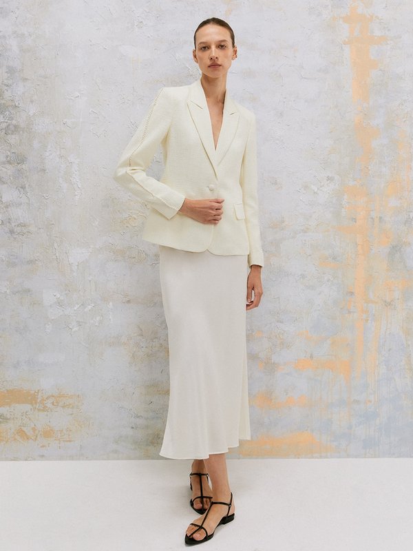 Pomelo VERSE Pearl Embellished Detail Tweed Blazer - Cream