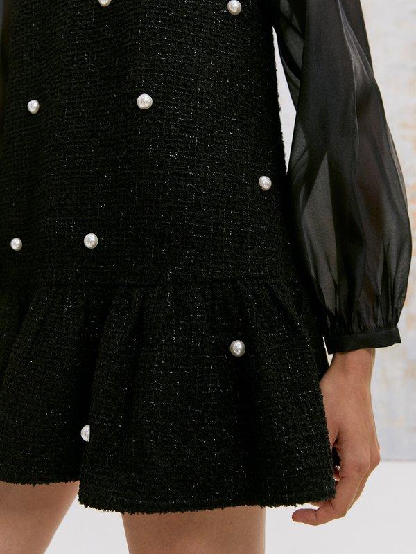 Pomelo VERSE Pearl Embellishment Sheer Long Sleeve Tweed Mini Dress - Black