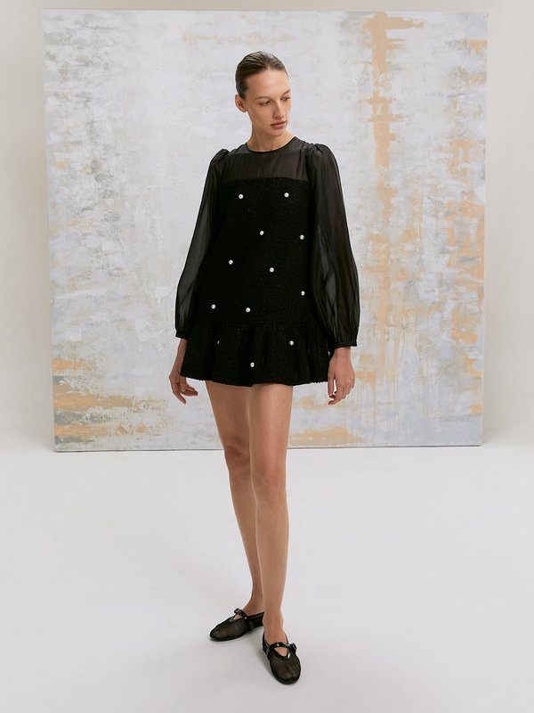 Pomelo VERSE Pearl Embellishment Sheer Long Sleeve Tweed Mini Dress - Black