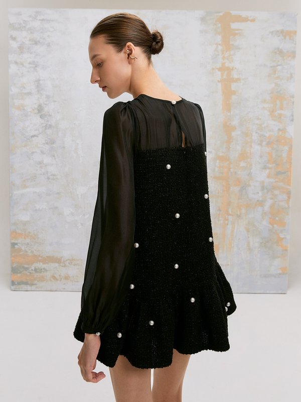 Pomelo VERSE Pearl Embellishment Sheer Long Sleeve Tweed Mini Dress - Black