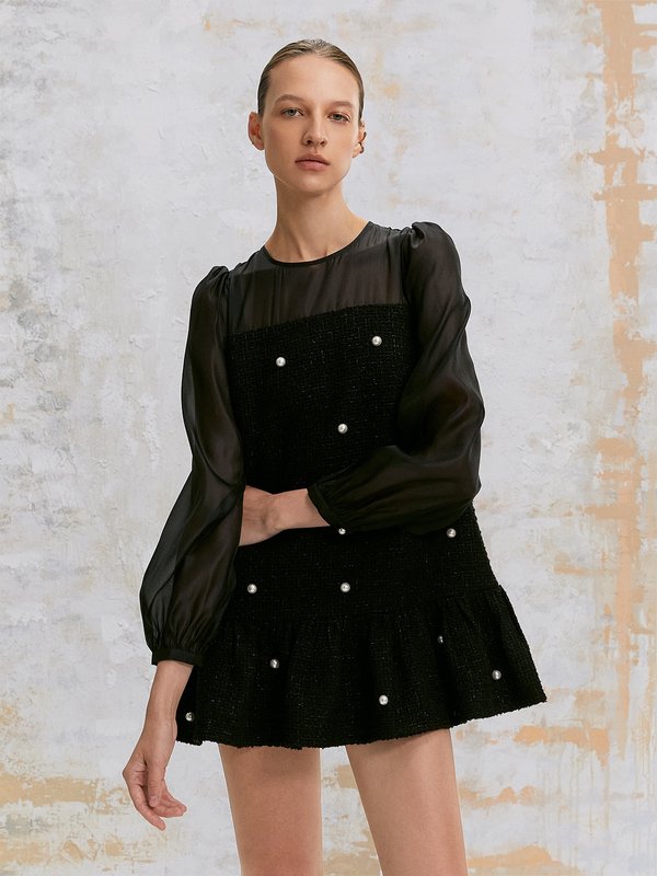 pomelo VERSE Pearl Embellishment Sheer Long Sleeve Tweed Mini Dress - Black