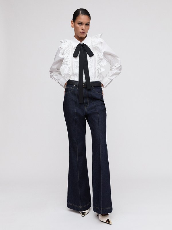 Pomelo VERSE Semi See-Through Lace Ruffled Blouse - White