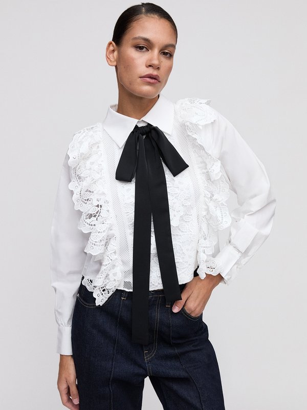 pomelo VERSE Semi See-Through Lace Ruffled Blouse - White