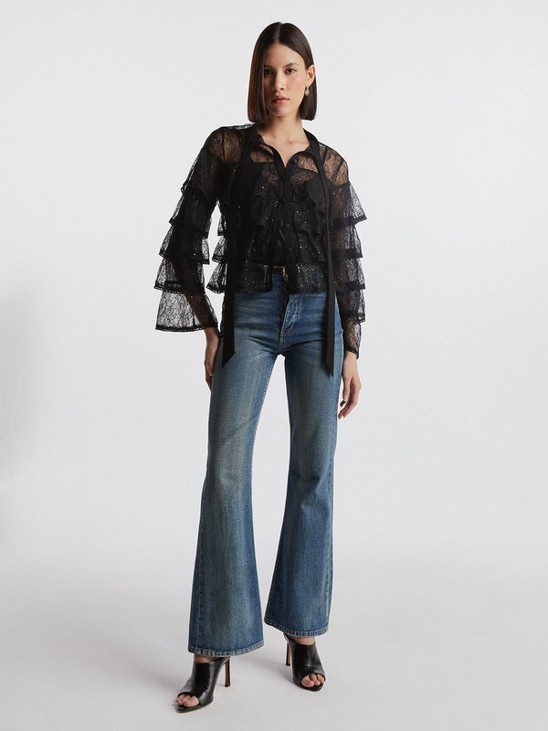 Pomelo VERSE Sequin Embellished Detail Ruffled Lace Blouse - Black