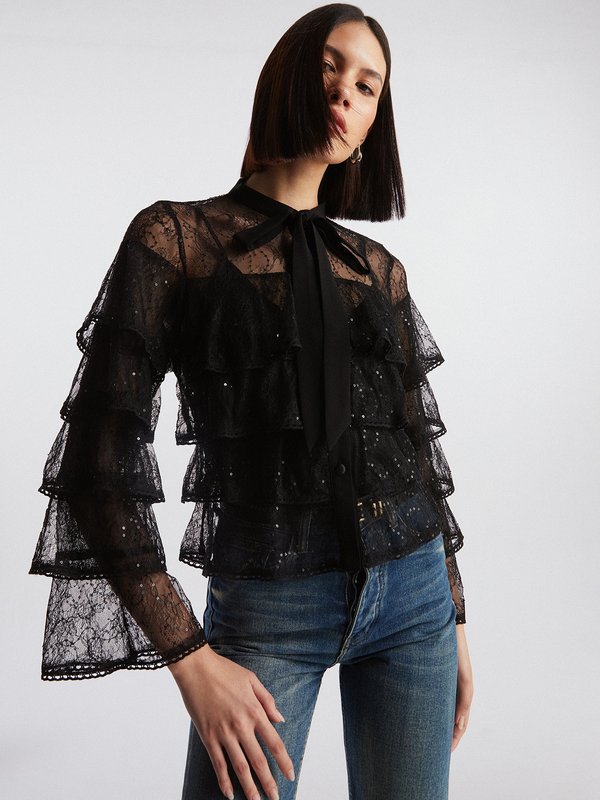 pomelo VERSE Sequin Embellished Detail Ruffled Lace Blouse - Black